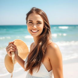 A woman with long brown hair, brown eyes, and a bright smile enjoying a sunny day at the beach