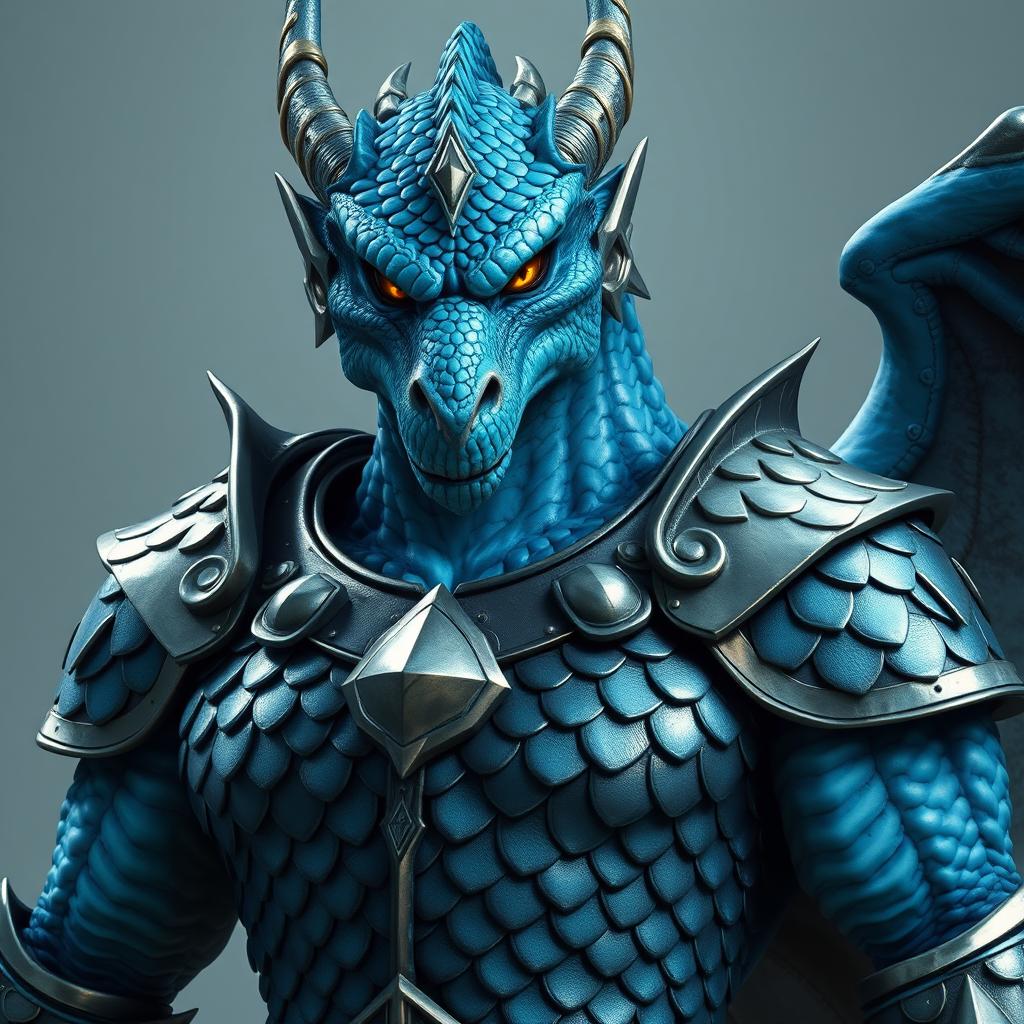 A majestic male blue chromatic dragonborn paladin, displaying his powerful build