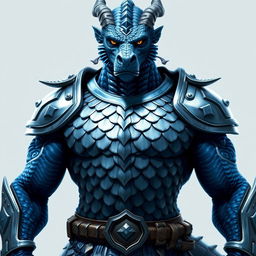 A majestic male blue chromatic dragonborn paladin, displaying his powerful build