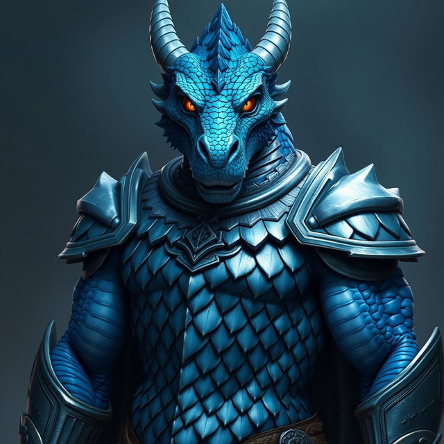 A majestic male blue chromatic dragonborn paladin, displaying his powerful build