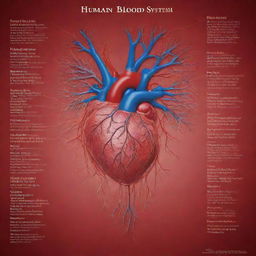 A detailed and educational poster, showcasing the human blood circulatory system, with arteries, veins, and heart in vibrant colors against a contrasting background. Include labels and short descriptions to highlight major components.