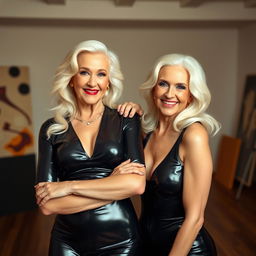 Two vibrant elderly women with striking blonde hair, confidently wearing stylish and form-fitting latex bodysuits