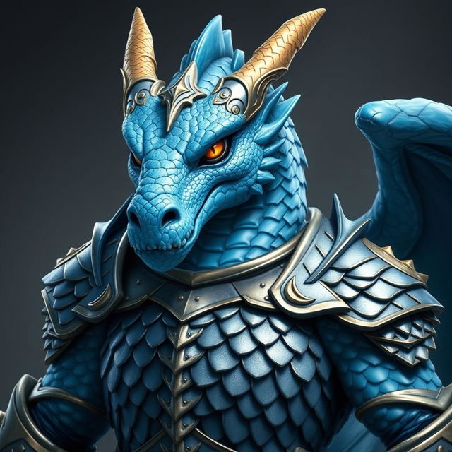 A male blue chromatic dragonborn paladin with a chaotic good alignment, exuding a confident and free-spirited aura