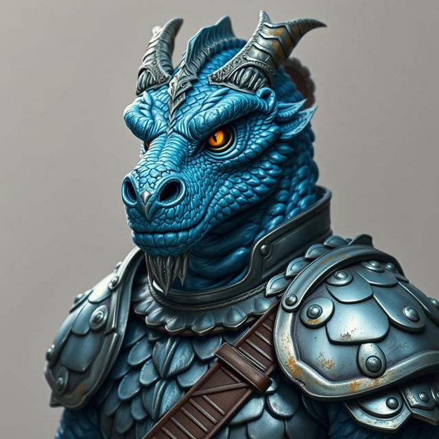 A male blue chromatic dragonborn paladin, a grizzled war veteran embodying the chaotic good alignment