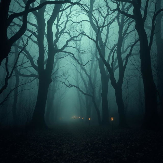 a mysterious foggy forest, with tall ancient trees reaching towards the sky, their branches tangled like intricate lace