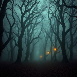 a mysterious foggy forest, with tall ancient trees reaching towards the sky, their branches tangled like intricate lace