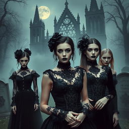 A dark, atmospheric scene depicting a group of goth individuals