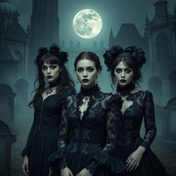 A dark, atmospheric scene depicting a group of goth individuals