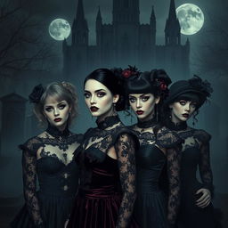 A dark, atmospheric scene depicting a group of goth individuals