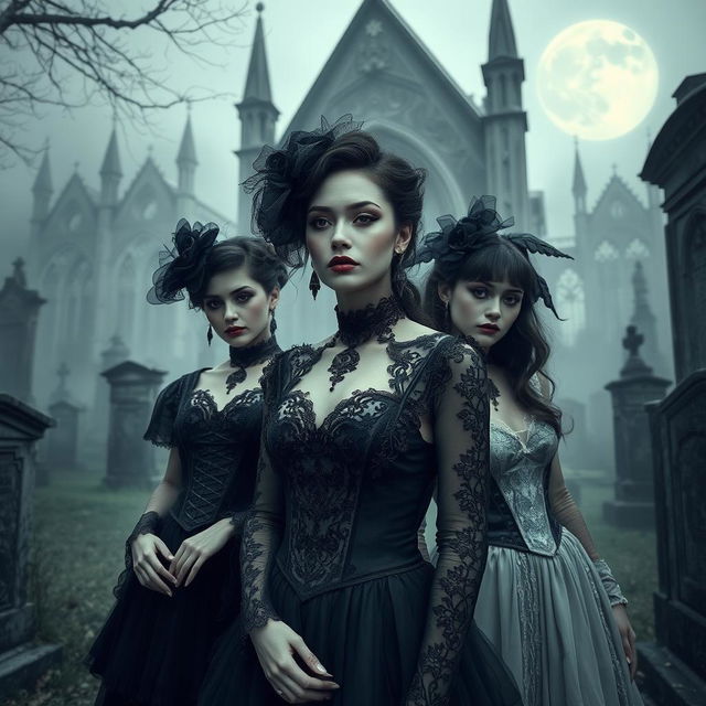 A dark, atmospheric scene depicting a group of goth individuals