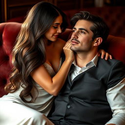 A beautiful woman with long flowing hair, dressed in elegant attire, gently caressing a handsome man with a look of serene pleasure on his face