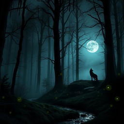 A mysterious, dark forest bathed in moonlight, with tall, ancient trees shrouded in mist