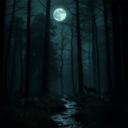 A mysterious, dark forest bathed in moonlight, with tall, ancient trees shrouded in mist