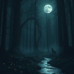 A mysterious, dark forest bathed in moonlight, with tall, ancient trees shrouded in mist