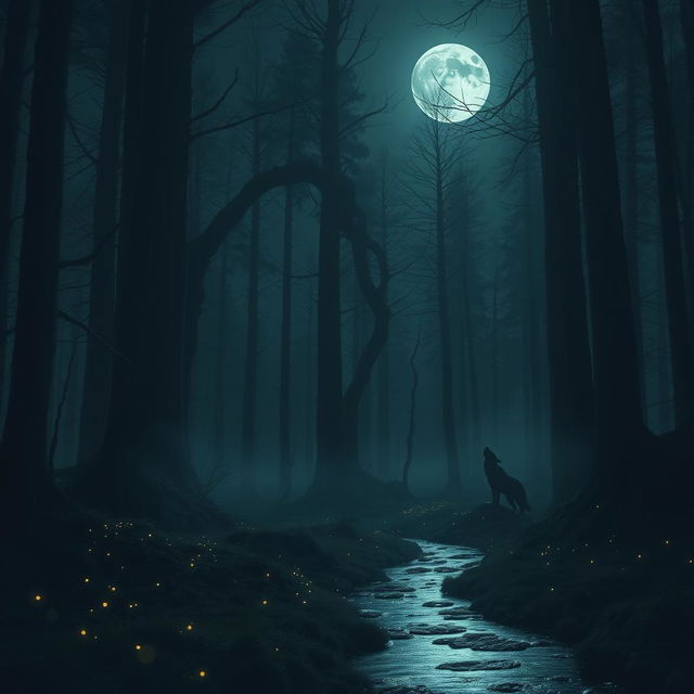 A mysterious, dark forest bathed in moonlight, with tall, ancient trees shrouded in mist