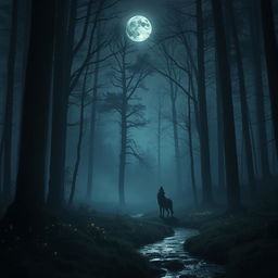 A mysterious, dark forest bathed in moonlight, with tall, ancient trees shrouded in mist