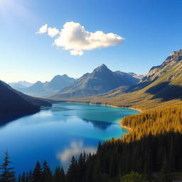 A picturesque landscape featuring a serene lake reflecting the clear blue sky, surrounded by lush green forests, with majestic mountains in the background under a warm golden sunlight