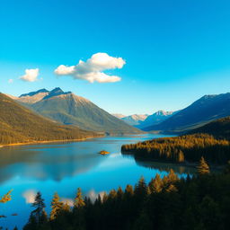 A picturesque landscape featuring a serene lake reflecting the clear blue sky, surrounded by lush green forests, with majestic mountains in the background under a warm golden sunlight