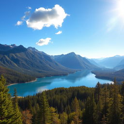 A picturesque landscape featuring a serene lake reflecting the clear blue sky, surrounded by lush green forests, with majestic mountains in the background under a warm golden sunlight