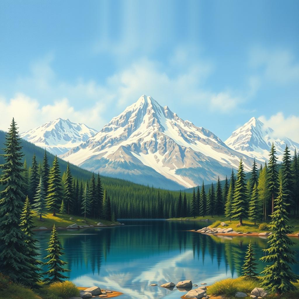 a detailed landscape painting featuring a serene lake surrounded by lush green pine trees, majestic snow-capped mountains in the background, and a clear blue sky above