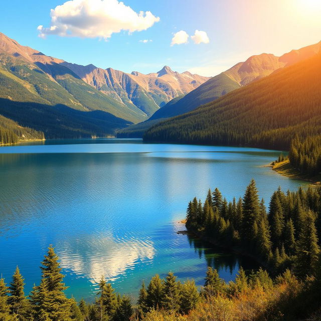 A picturesque landscape featuring a serene lake reflecting the clear blue sky, surrounded by lush green forests, with majestic mountains in the background under a warm golden sunlight