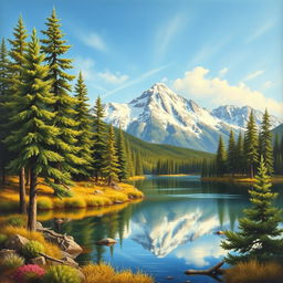 a detailed landscape painting featuring a serene lake surrounded by lush green pine trees, majestic snow-capped mountains in the background, and a clear blue sky above