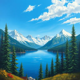 a detailed landscape painting featuring a serene lake surrounded by lush green pine trees, majestic snow-capped mountains in the background, and a clear blue sky above