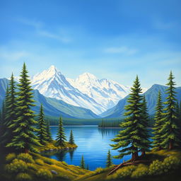 a detailed landscape painting featuring a serene lake surrounded by lush green pine trees, majestic snow-capped mountains in the background, and a clear blue sky above