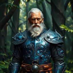 A wise aged fighter clad in exquisite plate mail crafted from the supple leather of a blue dragon