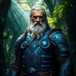 A wise aged fighter clad in exquisite plate mail crafted from the supple leather of a blue dragon