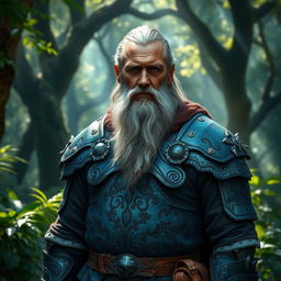 A wise aged fighter clad in exquisite plate mail crafted from the supple leather of a blue dragon