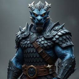 A muscular male blue chromatic dragonborn paladin, a grizzled war veteran, epitomizing the chaotic good alignment