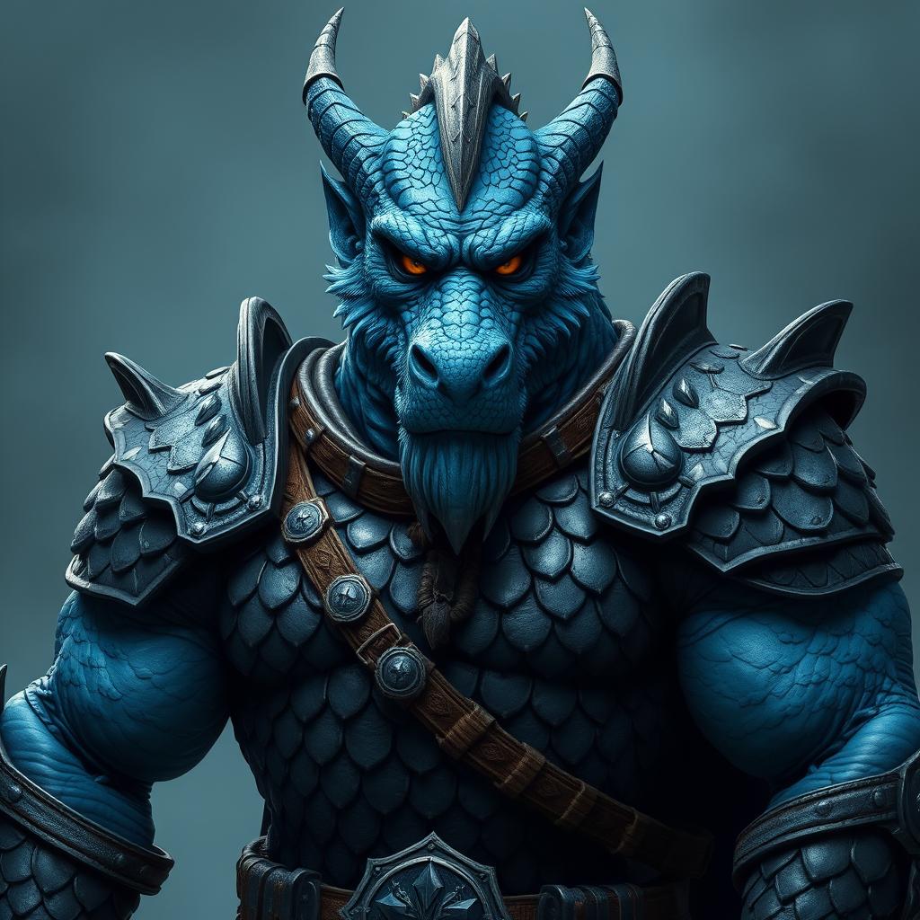 A muscular male blue chromatic dragonborn paladin, a grizzled war veteran, epitomizing the chaotic good alignment