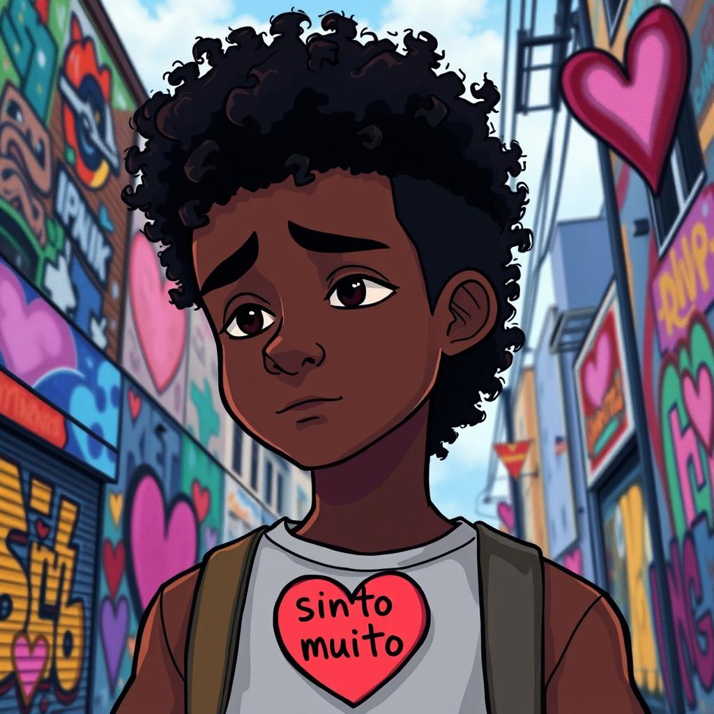 An animated drawing of a Black teenager with curly hair, with a heart featuring the words 'sinto muito'