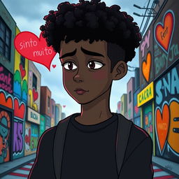 An animated drawing of a Black teenager with curly hair, with a heart featuring the words 'sinto muito'