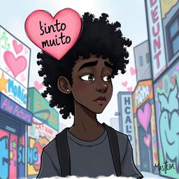 An animated drawing of a Black teenager with curly hair, with a heart featuring the words 'sinto muito'