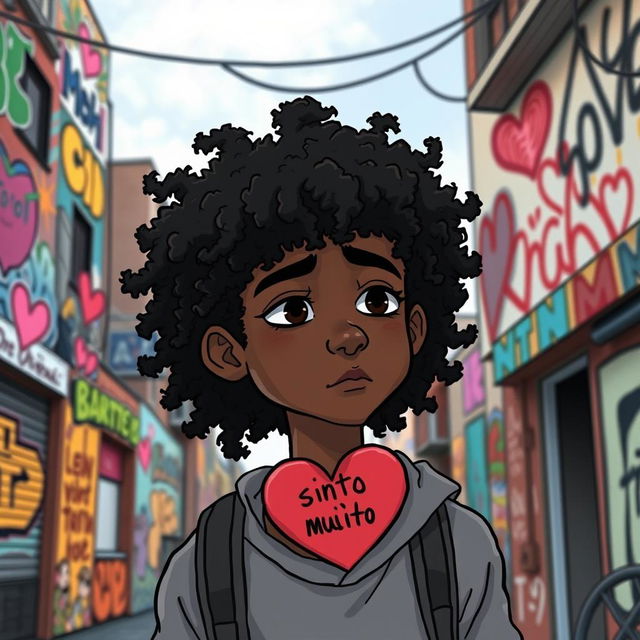 An animated drawing of a Black teenager with curly hair, with a heart featuring the words 'sinto muito'