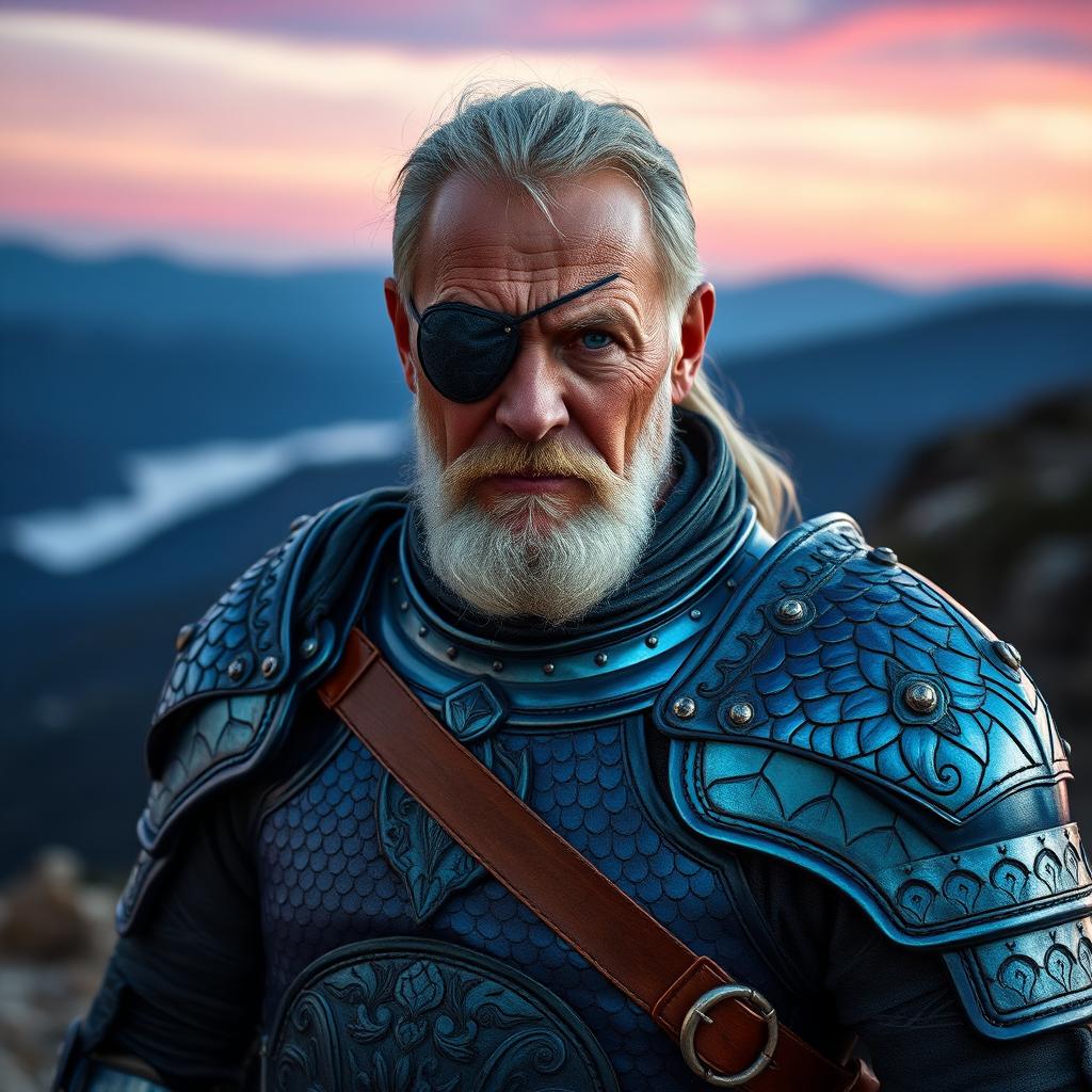 A wise aged fighter with an eye patch, donned in exquisite plate mail made from the leather of a blue dragon