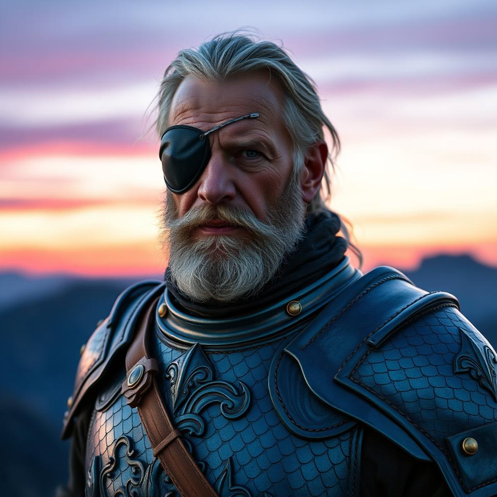 A wise aged fighter with an eye patch, donned in exquisite plate mail made from the leather of a blue dragon