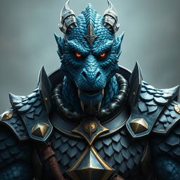 A male dragonborn of the chromatic blue race epitomizing the paladin class, renowned as a grizzled war veteran with a muscular build that speaks volumes of his strength and endurance