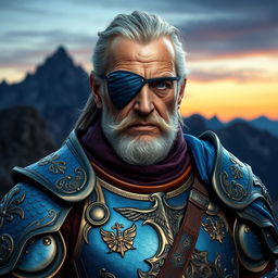 A wise aged fighter with an eye patch, donning exquisite plate mail crafted from blue dragon leather