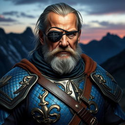 A wise aged fighter with an eye patch, donning exquisite plate mail crafted from blue dragon leather