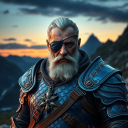 A wise aged fighter with an eye patch, donning exquisite plate mail crafted from blue dragon leather