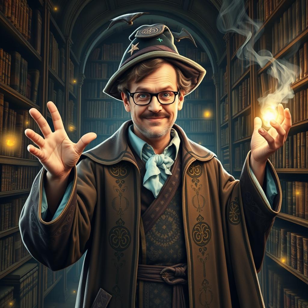 An imaginative depiction of Simon Pegg as a wizard, featuring him clad in an elaborate robe adorned with arcane symbols and mystical patterns