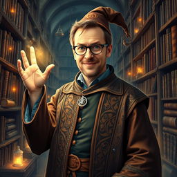 An imaginative depiction of Simon Pegg as a wizard, featuring him clad in an elaborate robe adorned with arcane symbols and mystical patterns