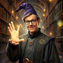 An imaginative depiction of Simon Pegg as a wizard, featuring him clad in an elaborate robe adorned with arcane symbols and mystical patterns