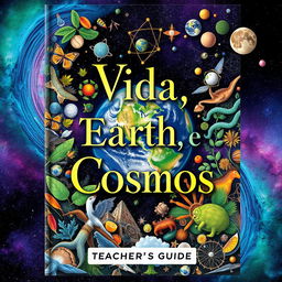 A captivating book cover for a teacher's guide on "Life, Earth, and Cosmos"