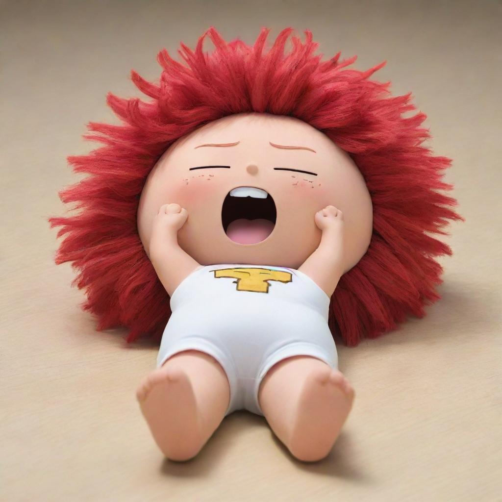 Pompom from Honkai Starail, lying down in a pose reminiscent of a comedic Family Guy death scene, with a cartoonish gunshot effect added.