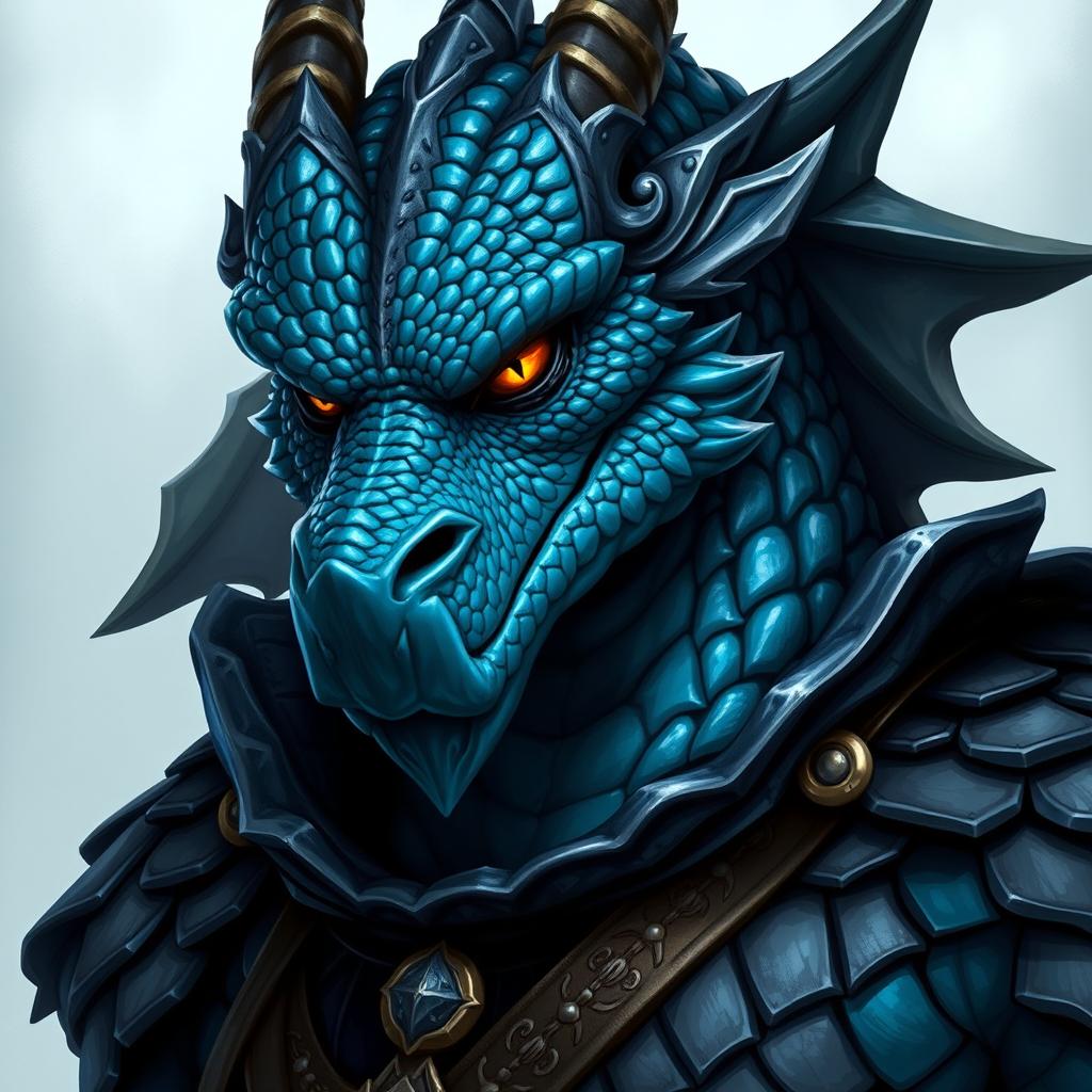 A male chromatic dragonborn paladin, defined by his blue scales and chaotic good alignment