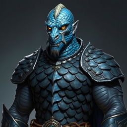 A male chromatic dragonborn paladin, defined by his blue scales and chaotic good alignment